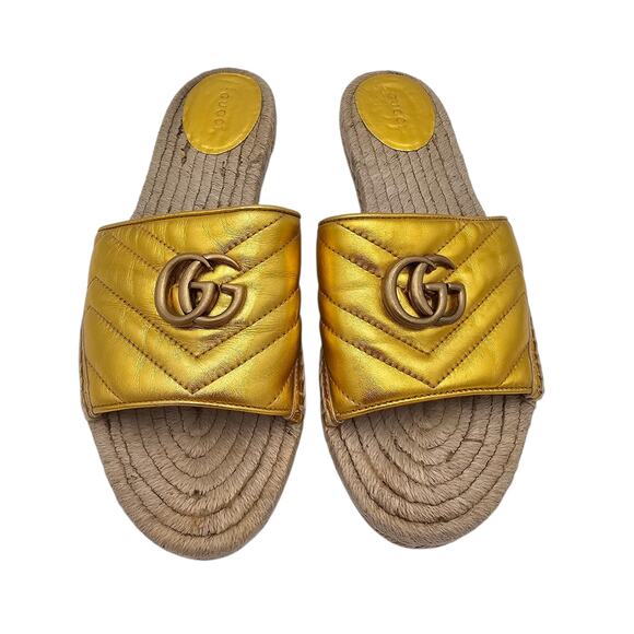 Gucci GG Quilted Leather Espadrille Flat Slide Sandal Size 41 US 11 Gold Leather - Picture 3 of 11
